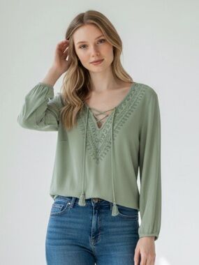 Womens Lace-Up V-Neck Long Sleeve Top in Sage